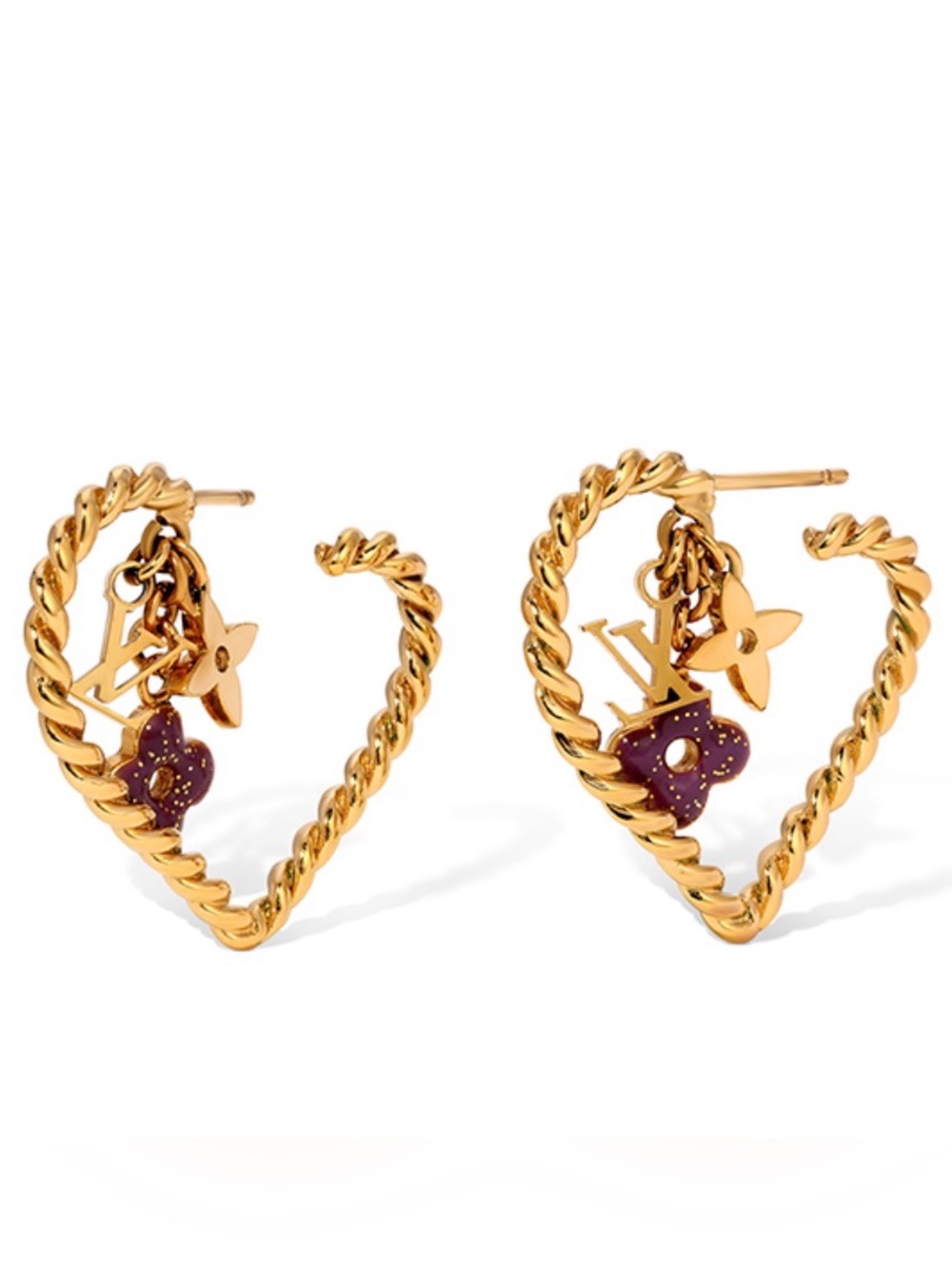 Louis Vuitton Gold Heart Hoops with Purple Flower Charms